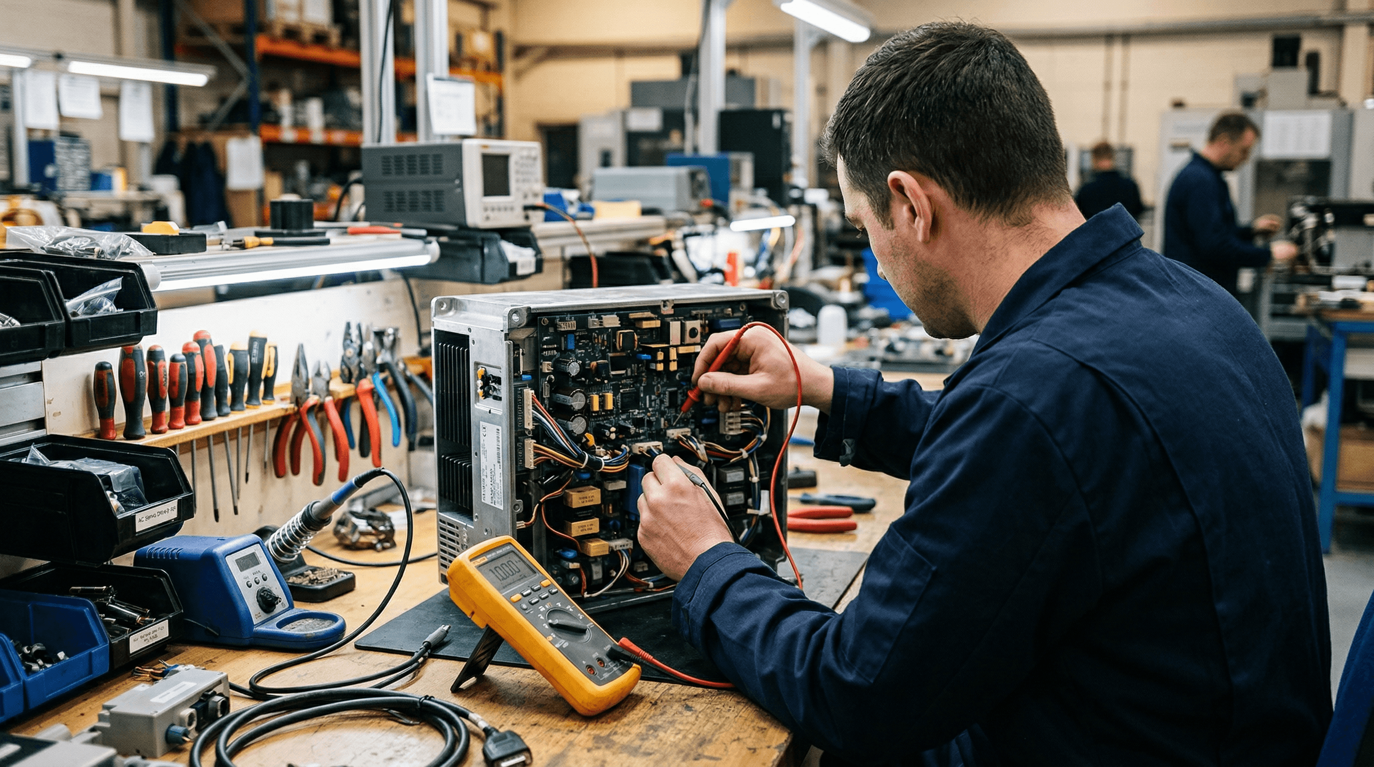 Technician repairing industrial automation equipment